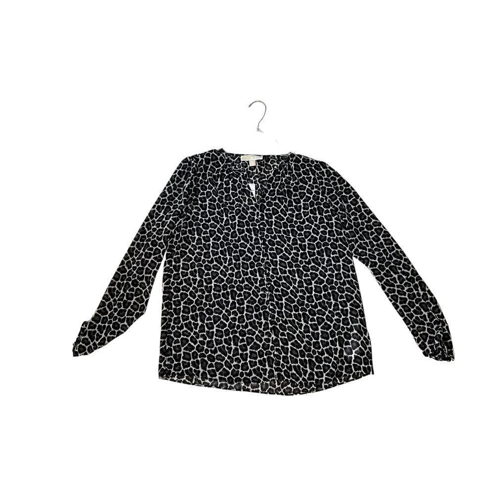 MICHAEL KORS SZ M Black& White Long Sleeve V-Neck Leopard Print Blouse NWT